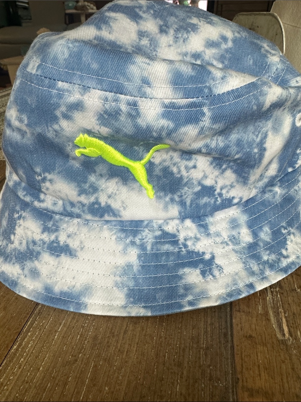 New Puma Blue and White Tie-Dye Bucket Hat with Neon Green Logo